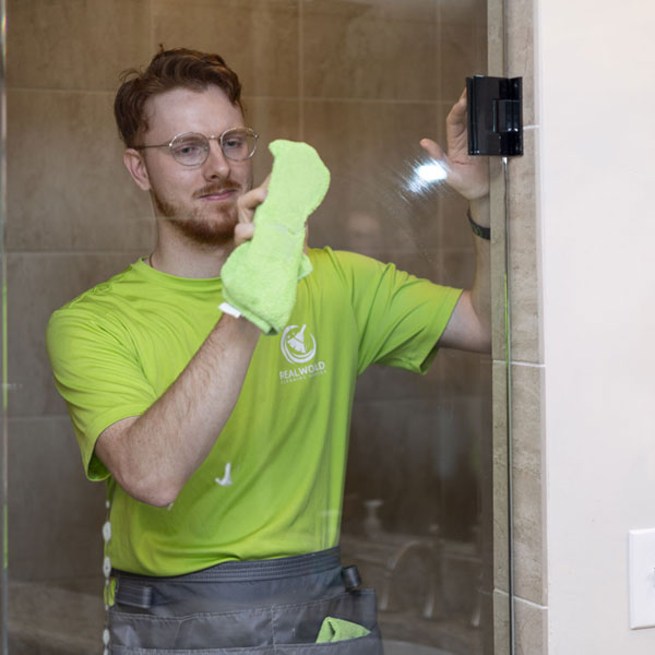 man cleaning a glass door